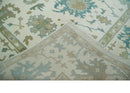 Ivory, Beige and Teal Hand Knotted Antique 9x13 Traditional Oushak Wool Rug