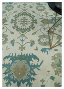 Ivory, Beige and Teal Hand Knotted Antique 9x13 Traditional Oushak Wool Rug