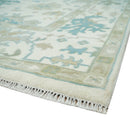 Ivory, Beige and Teal Hand Knotted Antique 9x13 Traditional Oushak Wool Rug