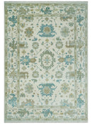 Ivory, Beige and Teal Hand Knotted Antique 9x13 Traditional Oushak Wool Rug