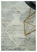 Ivory, Charcoal and Beige 8x10 hand knotted Geometrical wool Area rug