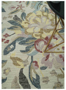 Ivory, Charcoal and Olive Floral Design 8x10 Colorful Hand Tufted wool rug