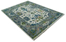 Ivory, Gray, Teal and Green Hand knotted Traditional Oushak 9x12 Wool Area Rug