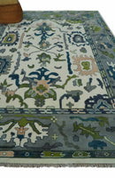 Ivory, Gray, Teal and Green Hand knotted Traditional Oushak 9x12 Wool Area Rug