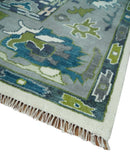 Ivory, Gray, Teal and Green Hand knotted Traditional Oushak 9x12 Wool Area Rug