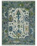 Ivory, Gray, Teal and Green Hand knotted Traditional Oushak 9x12 Wool Area Rug