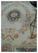 Ivory, Light Green and Charcoal Aubusson design Hand Tufted 8x10 wool Area Rug
