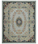 Ivory, Light Green and Charcoal Aubusson design Hand Tufted 8x10 wool Area Rug