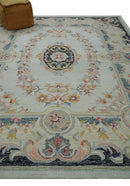 Ivory, Light Green and Charcoal Aubusson design Hand Tufted 8x10 wool Area Rug