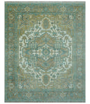 Ivory, Olive and Teal Hand Knotted Traditional Heriz 8x10 wool area rug