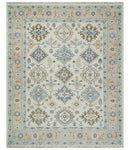 Ivory, Peach and Gray Hand knotted 8x10 Traditional Ikat Design Oushak wool Area Rug