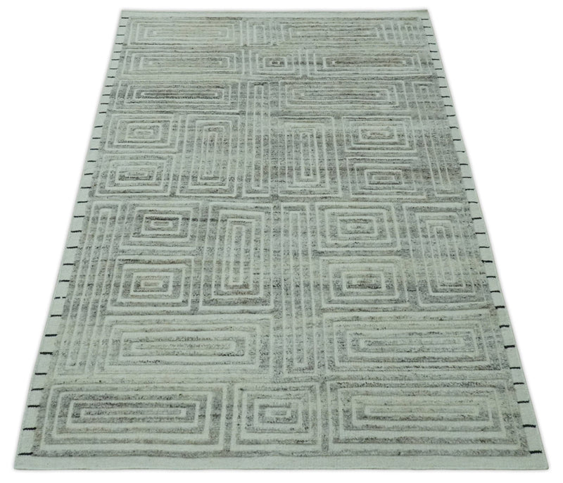 Ivory, Silver and Charcoal Modern Geometrical Puzzle Design hand knotted Custom Made wool Area Rug