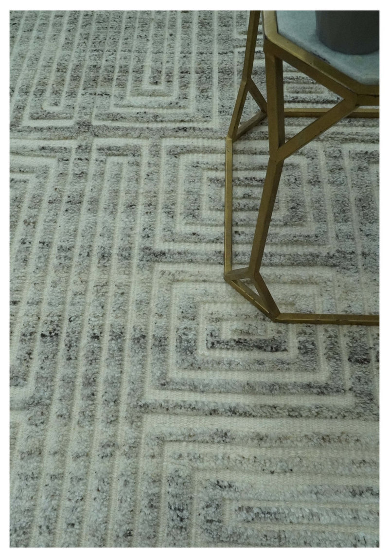 Ivory, Silver and Charcoal Modern Geometrical Puzzle Design hand knotted Custom Made wool Area Rug
