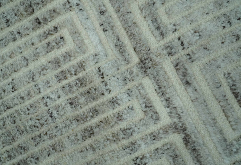 Ivory, Silver and Charcoal Modern Geometrical Puzzle Design hand knotted Custom Made wool Area Rug