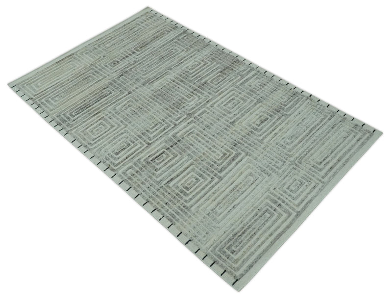 Ivory, Silver and Charcoal Modern Geometrical Puzzle Design hand knotted Custom Made wool Area Rug
