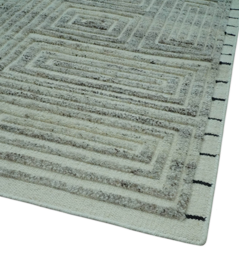 Ivory, Silver and Charcoal Modern Geometrical Puzzle Design hand knotted Custom Made wool Area Rug