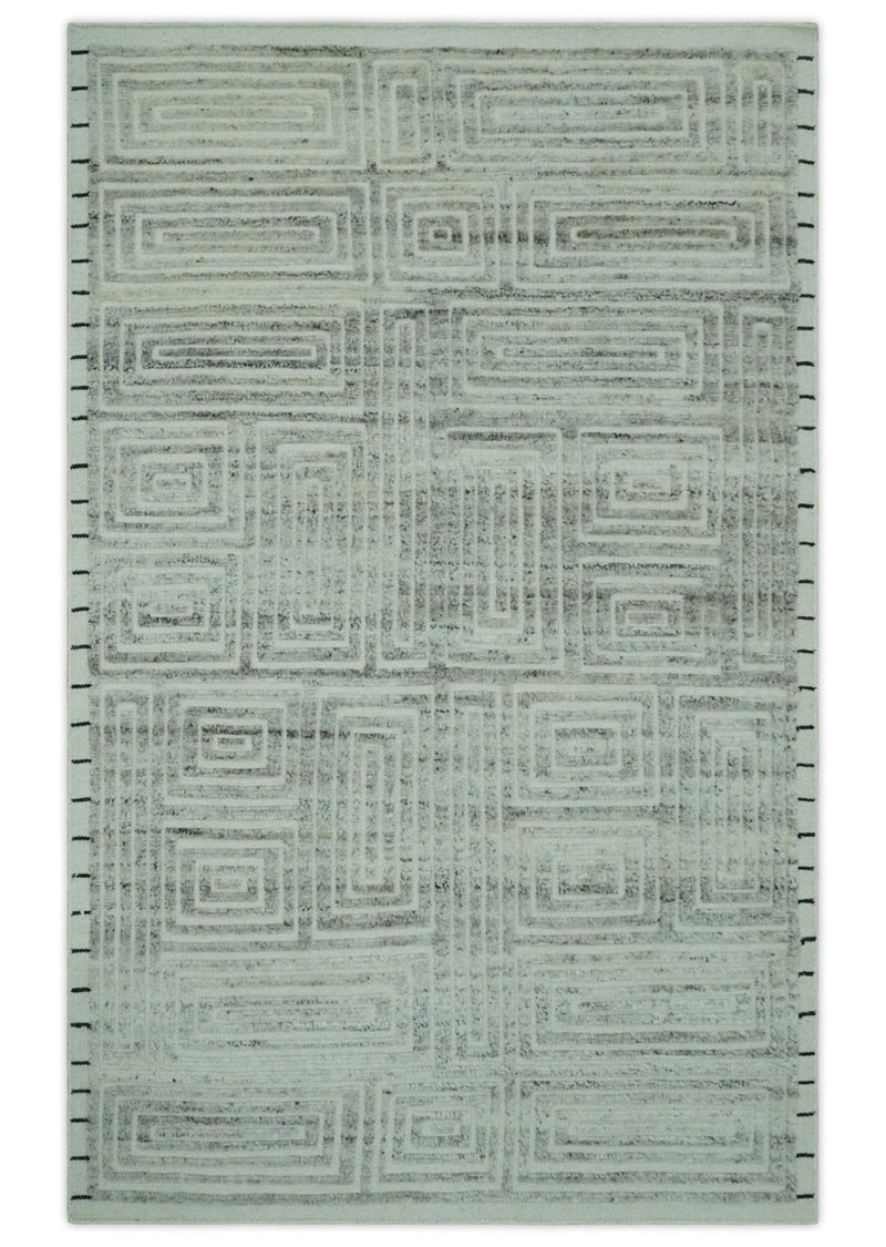 Ivory, Silver and Charcoal Modern Geometrical Puzzle Design hand knotted Custom Made wool Area Rug