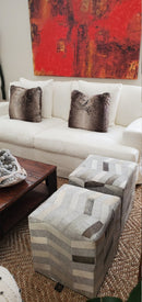 Ivory and Silver Square Leather Pouf Ottoman, Chevron Pouf, Footstool, Side table, Seat , Foot Rest, Living Room, Bedroom | TRD107