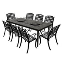 Aluminum 9pc Rectangular Patio Dining Set, Lazy Susans, Eight Chairs