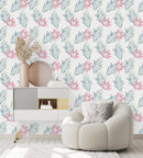Modish White Wallpaper with Exotic Flowers Vogue