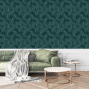 Dark Green Wallpaper with White Leaves