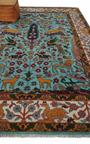 Jungle Animal Tree of Life 9x12 Hand Knotted Blue, Gold and Ivory Traditional Vintage Persian Style Antique Wool Rug | TRDCP843912
