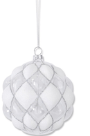4.5 Inch Beaded White & Clear Glass Round Hobnail Ornament - Final Sale