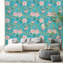 Blue Wallpaper with Pink Flamingos