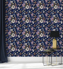 Voguish Dark Blue Wallpaper with Flowers Fashionable