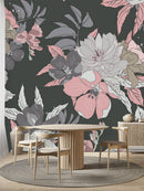 Grey Wallpaper with Pink Flowers
