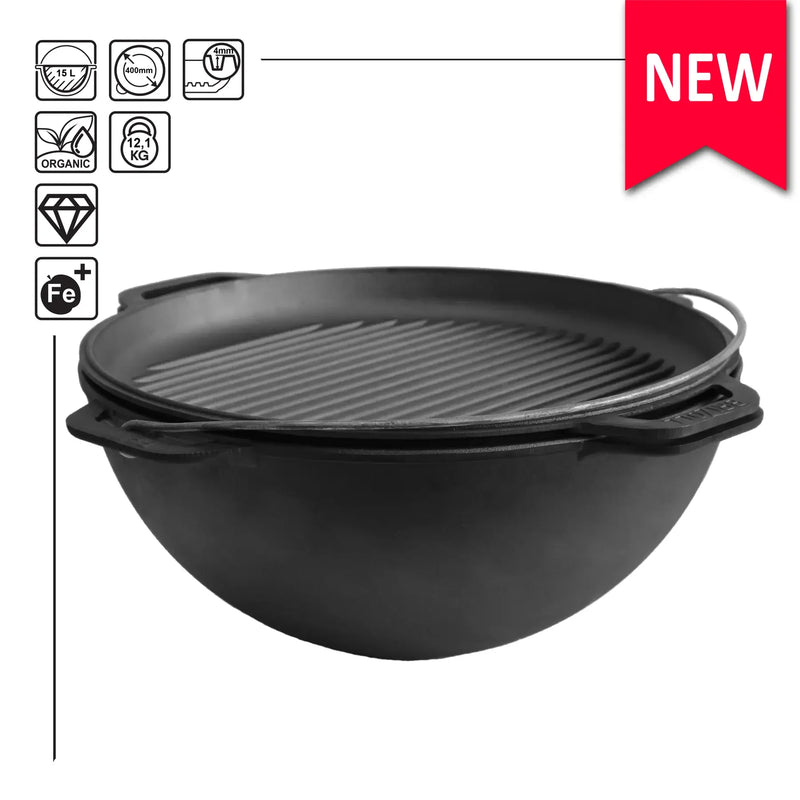 15,85 quart Combo Cooker Cauldron Asian Kazan with a Frying Pan Lid and Grill  Dutch Oven