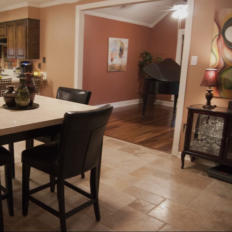 Mina Rustic Antique Pattern Brushed, Chiseled, and Partially Filled - Full Truckload installed floor piano at the corner and dining table