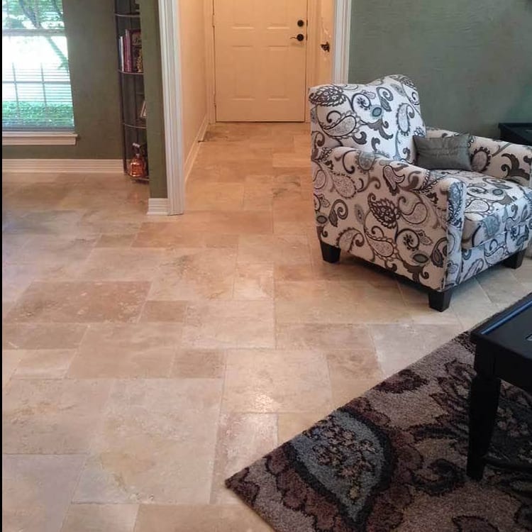 Mina Rustic Antique Pattern Brushed, Chiseled, and Partially Filled - Full Truckload installed floor green walls