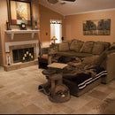 Mina Rustic Antique Pattern Brushed, Chiseled, and Partially Filled - Full Truckload installed in living room with comfy sitting set in brown tones and fireplace and mantel 