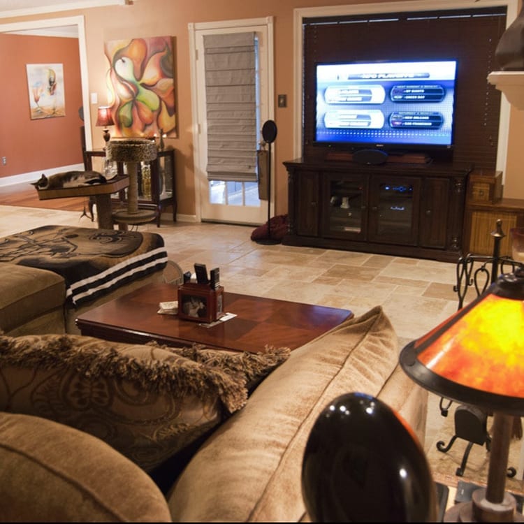 Mina Rustic Antique Pattern Brushed, Chiseled, and Partially Filled - Full Truckload installed to living room brown toned furniture