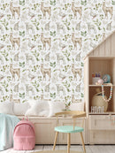 White Wallpaper with Leaves and Animals