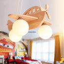 Kids wood airplane pendant light bedroom with frosted glass bulbs