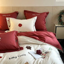 King bear embroidered white & red bedding set bedroom duvet cover