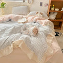 Korean grid lace blue & white gingham bedding set bedroom duvet cover