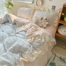 Korean grid lace blue & white gingham bedding set bedroom duvet cover