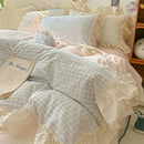 Korean grid lace blue & white gingham bedding set bedroom duvet cover
