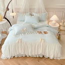 Korean lace bow bedding set blue & cream ruffled bedroom decor