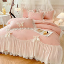 Korean lace bow bedding set blue & cream ruffled bedroom decor