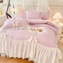 Korean lace bow bedding set blue & cream ruffled bedroom decor