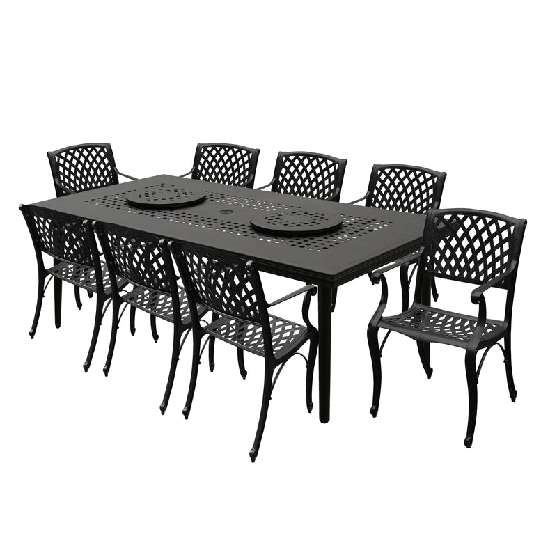 Aluminum 9pc Rectangular Patio Dining Set, Lazy Susans, Eight Chairs