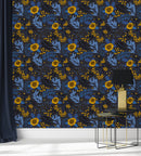 Voguish Dark Blue Wallpaper with Yellow Flowers Smart