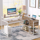 L Shaped Desk With Drawers And Monitor Stand Beige Wood