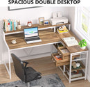 L Shaped Desk With Drawers And Monitor Stand Beige Wood