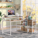 L Shaped Desk With Drawers And Monitor Stand Beige Wood