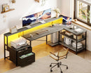 Grey Oak 75 Inch L Shaped Desk With Power Outlet And LED Lighting